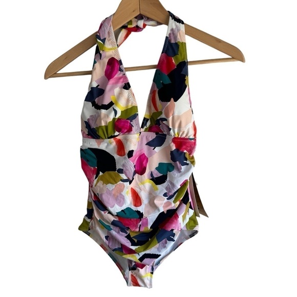 Gottex Halter One Piece Swimsuit Canvas Print Multi 8 White Pink Green - Picture 2 of 5